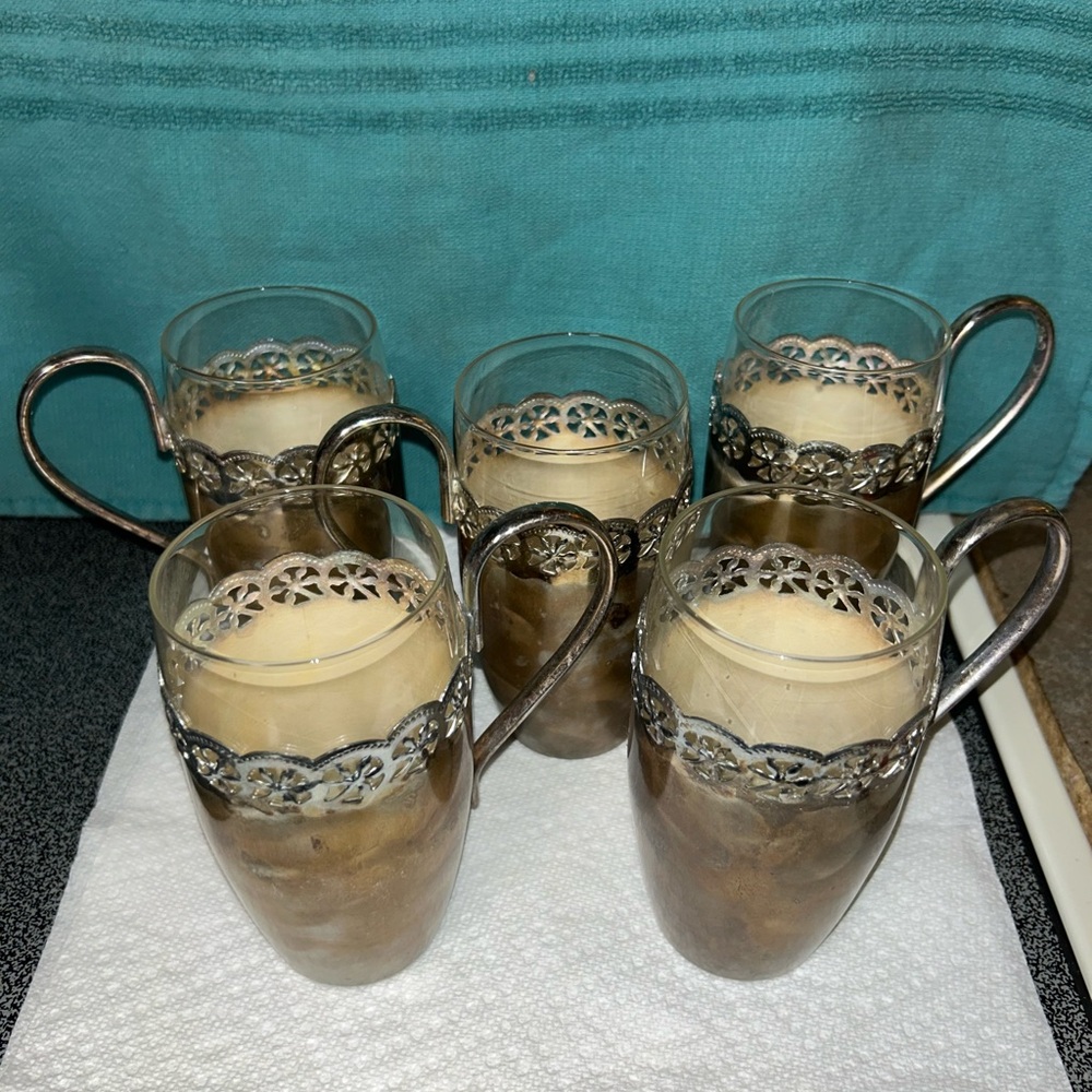 Vintage Silver Plated Glasses Set with Filigree Holders - Clear Glass